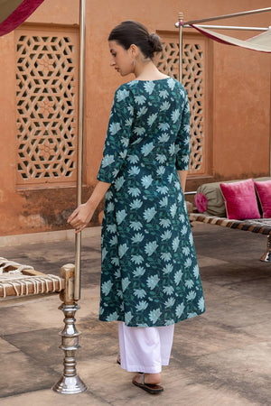 Turquoise Floral Printed Cotton Long Kurtis (ACA5970)