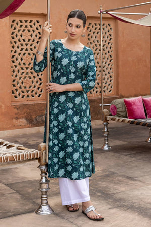 Turquoise Floral Printed Cotton Long Kurtis (ACA5970)