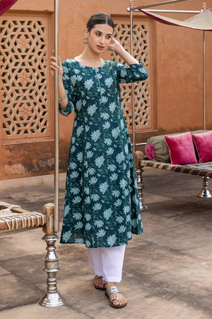 Turquoise Floral Printed Cotton Long Kurtis (ACA5970)