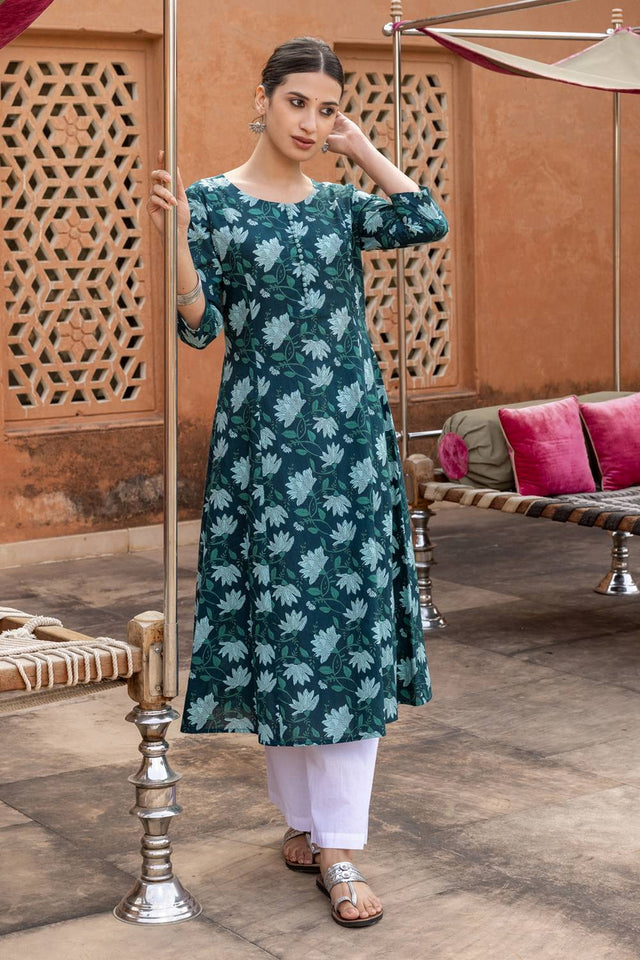 Turquoise Floral Printed Cotton Long Kurtis (ACA5970)