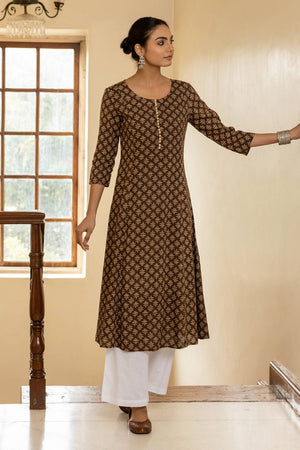 Brown Printed Cotton Long Kurtis (ACA5971)