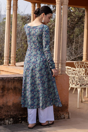 Blue Printed Cotton Long Kurtis (ACA5972)