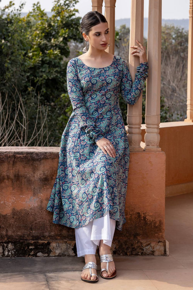 Blue Printed Cotton Long Kurtis (ACA5972)