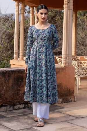 Blue Printed Cotton Long Kurtis (ACA5972)