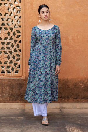 Blue Printed Cotton Long Kurtis (ACA5972)