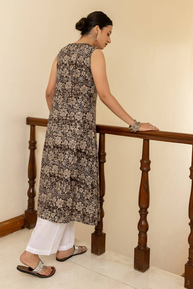 Brown Floral Printed Cotton Long Kurtis (ACA5973)