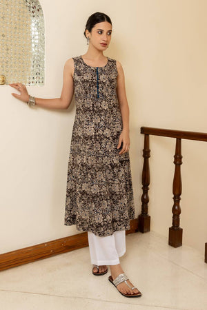 Brown Floral Printed Cotton Long Kurtis (ACA5973)