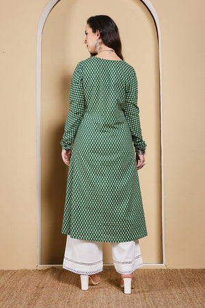 Green Printed Cotton Long Kurtis (ACA5974)