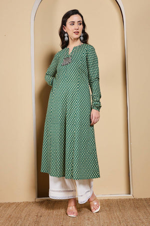 Green Printed Cotton Long Kurtis (ACA5974)