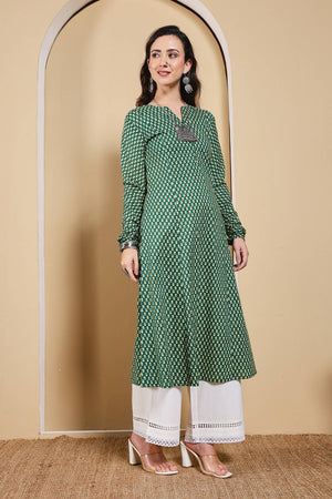 Green Printed Cotton Long Kurtis (ACA5974)