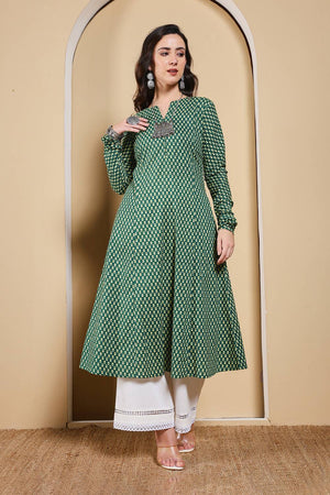 Green Printed Cotton Long Kurtis (ACA5974)