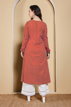 Red Printed Cotton Long Kurtis (ACA5975)