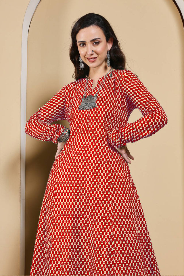 Red Printed Cotton Long Kurtis (ACA5975)