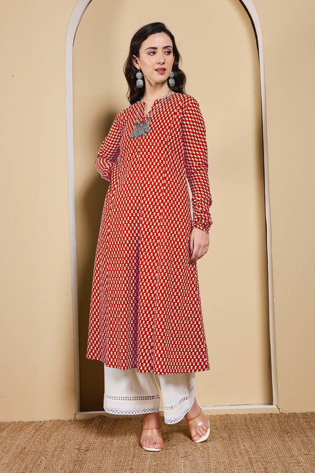Red Printed Cotton Long Kurtis (ACA5975)