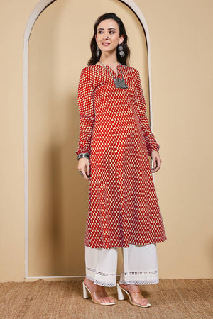 Red Printed Cotton Long Kurtis (ACA5975)
