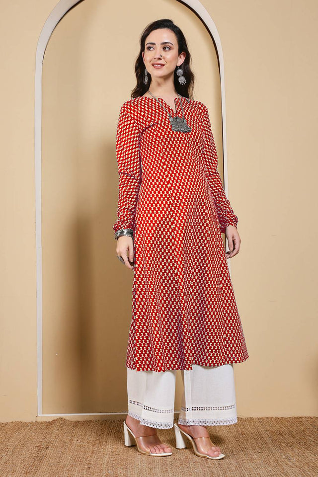 Red Printed Cotton Long Kurtis (ACA5975)