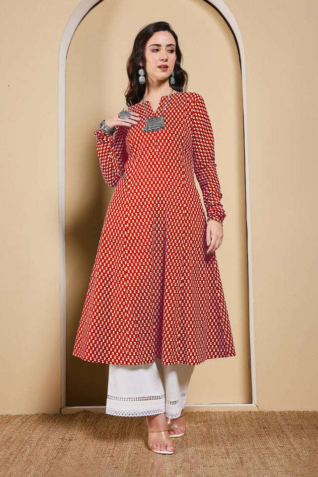 Red Printed Cotton Long Kurtis (ACA5975)