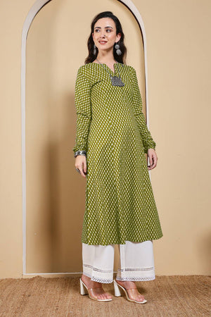 Mehendi Printed Cotton Long Kurtis (ACA5976)