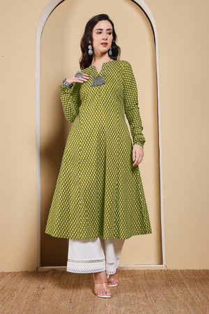 Mehendi Printed Cotton Long Kurtis (ACA5976)