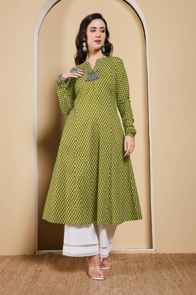 Mehendi Printed Cotton Long Kurtis (ACA5976)