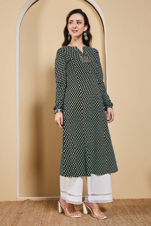 Black Printed Cotton Long Kurtis (ACA5977)