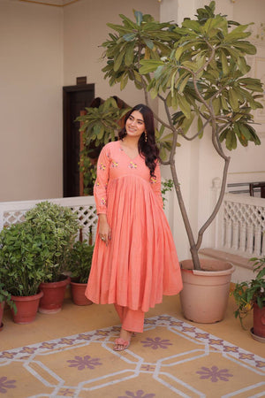 Peach Floral Embroidered Cotton Anarkali Suits (ACA5995)