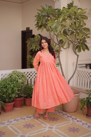 Peach Floral Embroidered Cotton Anarkali Suits (ACA5995)