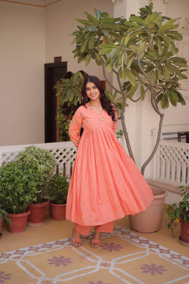 Peach Floral Embroidered Cotton Anarkali Suits (ACA5995)