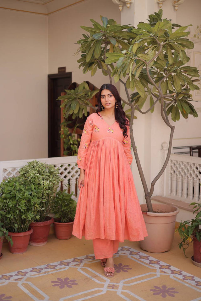 Peach Floral Embroidered Cotton Anarkali Suits (ACA5995)