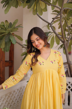 Yellow Floral Embroidered Cotton Anarkali Suits (ACA5996)