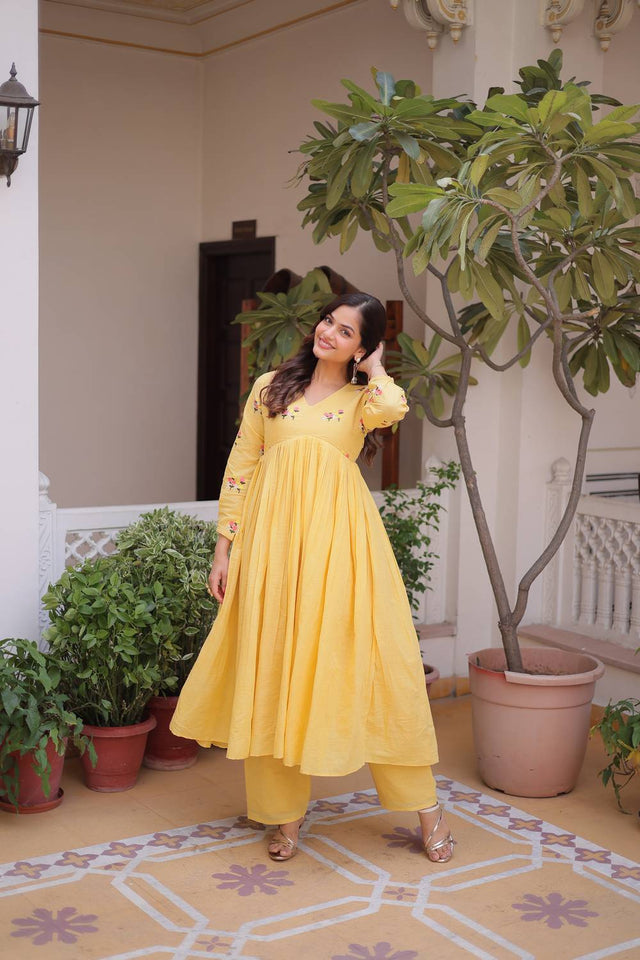 Yellow Floral Embroidered Cotton Anarkali Suits (ACA5996)