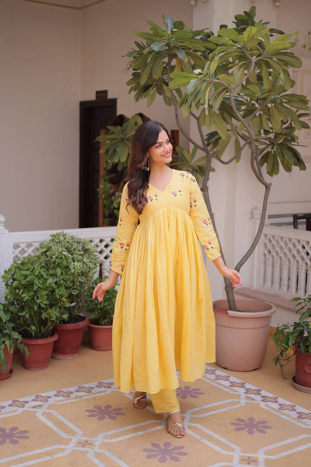 Yellow Floral Embroidered Cotton Anarkali Suits (ACA5996)