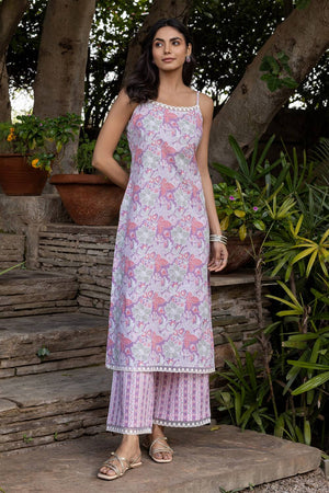 Lavender Floral Printed Cotton Kurti Pant Set