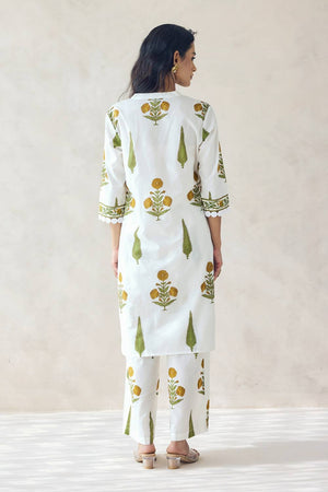 Green Floral Printed Cotton Kurti Pant Set