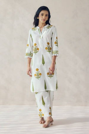 Green Floral Printed Cotton Kurti Pant Set