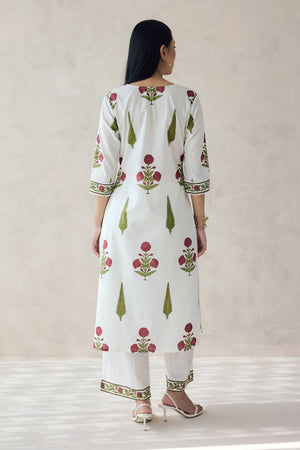 Off White Floral Printed Cotton Kurti Pant Set