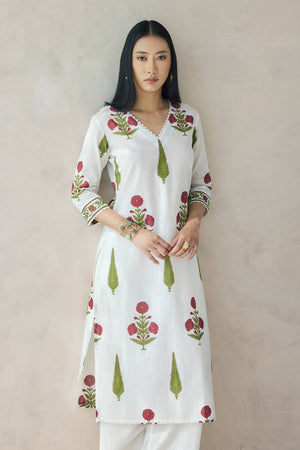 Off White Floral Printed Cotton Kurti Pant Set