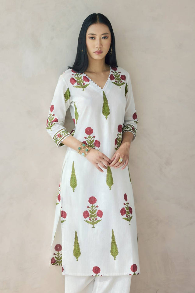 Off White Floral Printed Cotton Kurti Pant Set
