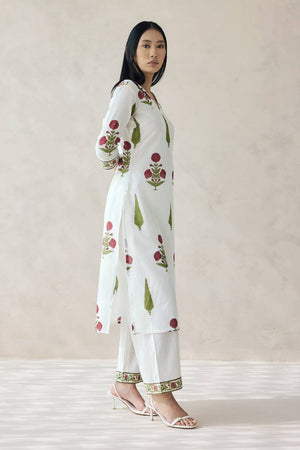Off White Floral Printed Cotton Kurti Pant Set