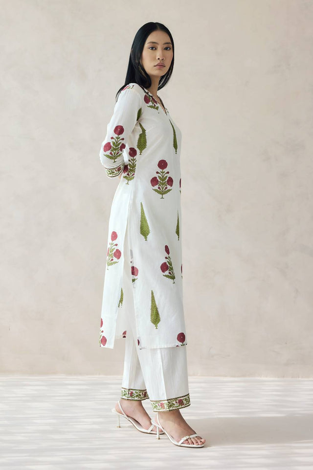 Off White Floral Printed Cotton Kurti Pant Set