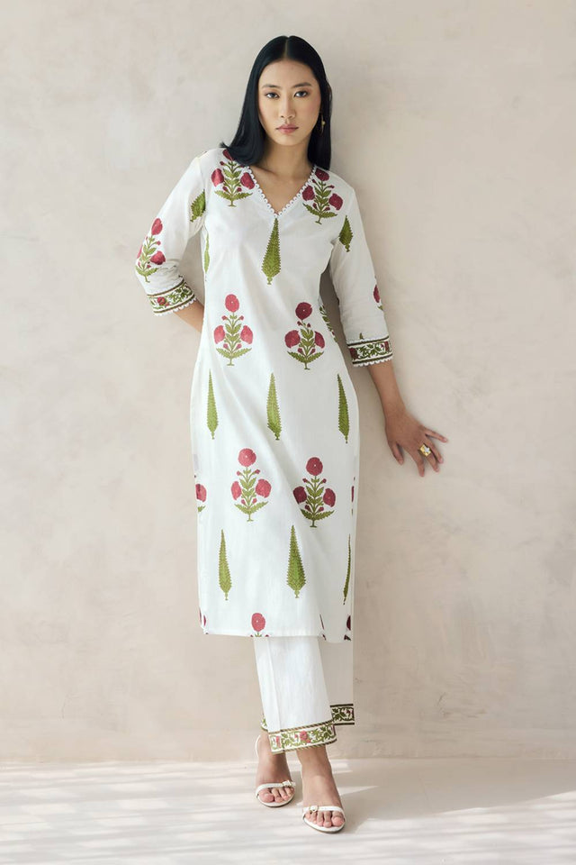 Off White Floral Printed Cotton Kurti Pant Set