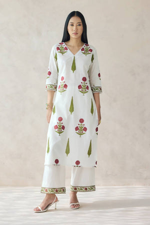 Off White Floral Printed Cotton Kurti Pant Set