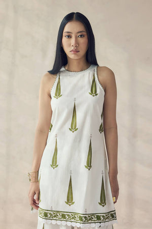 Off White Printed Cotton Kurti Pant Set