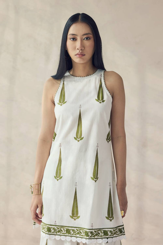 Off White Printed Cotton Kurti Pant Set