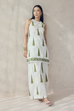 Off White Printed Cotton Kurti Pant Set