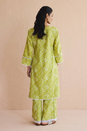 Green Printed Cotton Kurti Pant Set