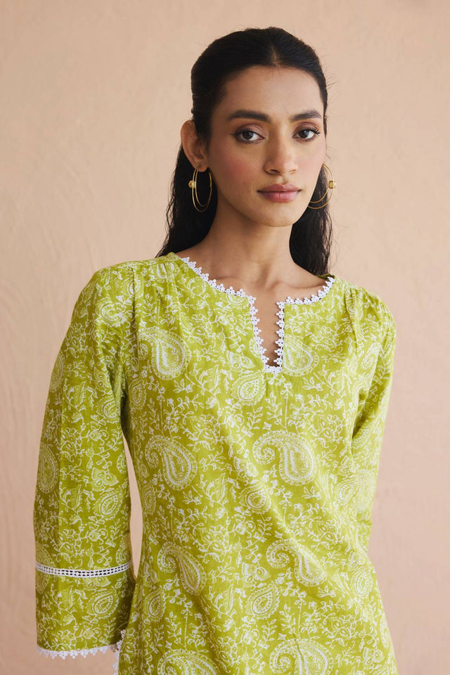 Green Printed Cotton Kurti Pant Set