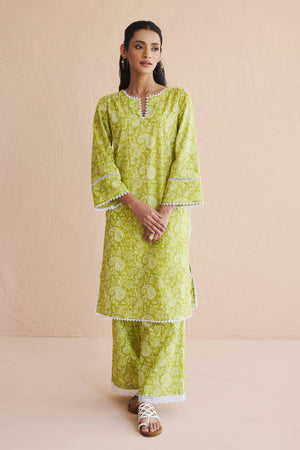 Green Printed Cotton Kurti Pant Set