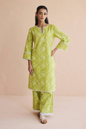 Green Printed Cotton Kurti Pant Set