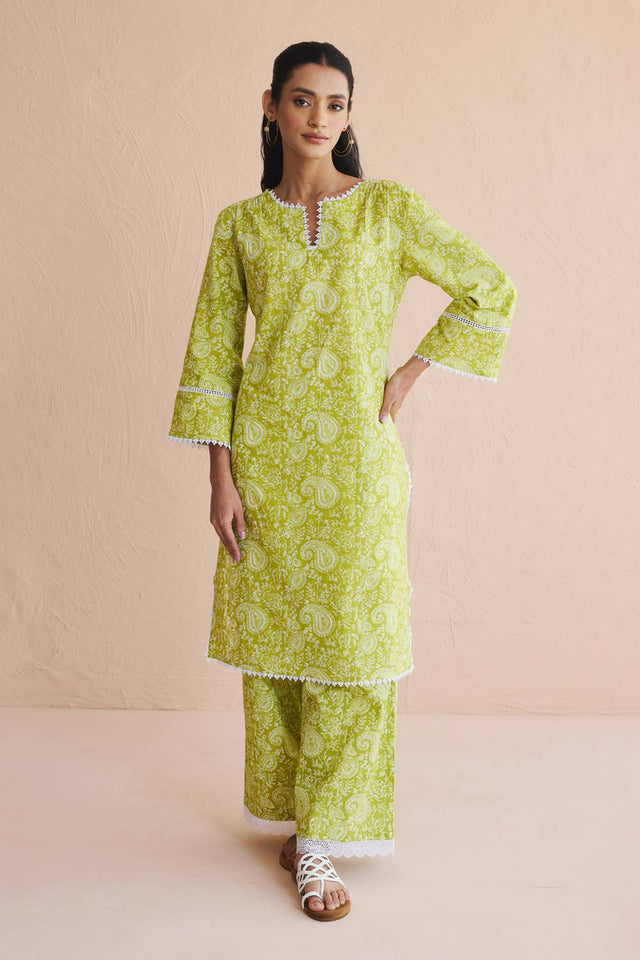 Green Printed Cotton Kurti Pant Set